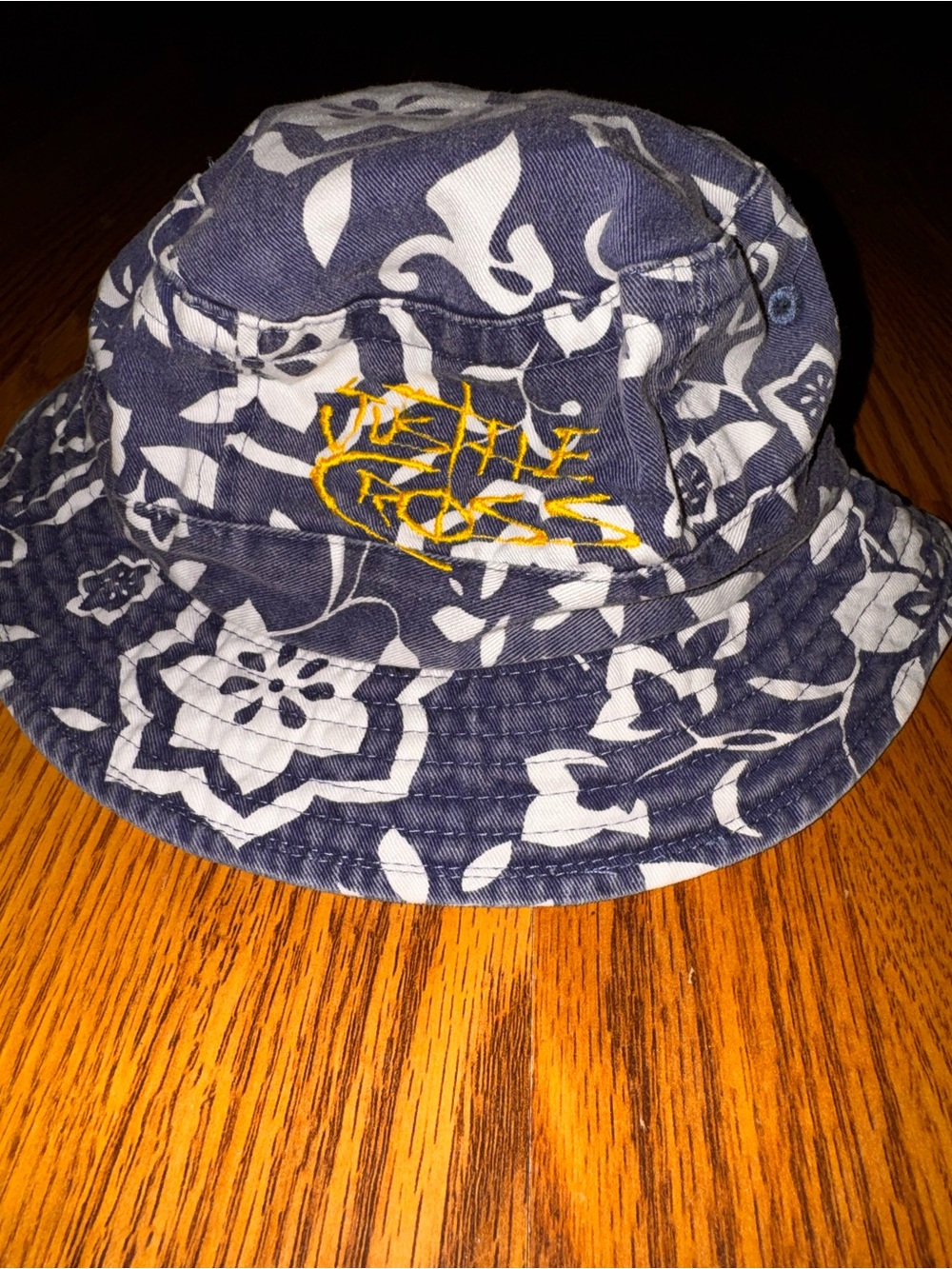 San Sun Floral Bucket Hat with yellow cursive writing size L unisex